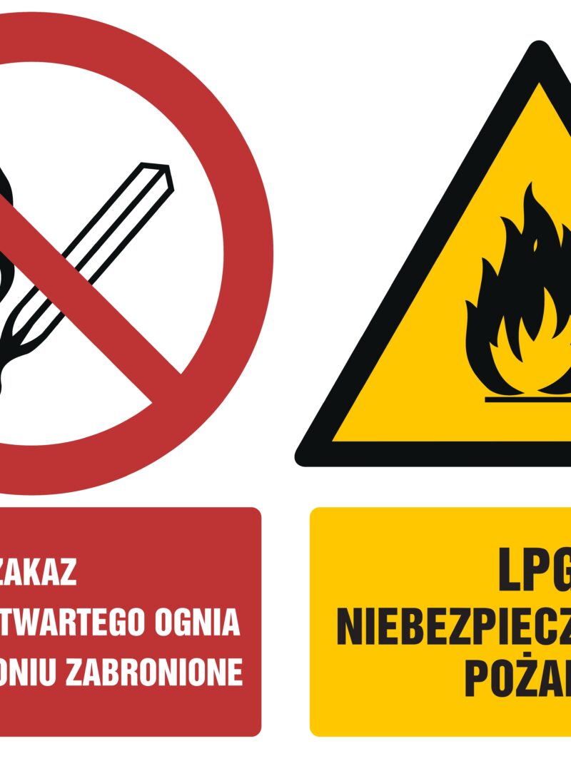 GM003 Zakaz używania otwartego ognia Palenie tytoniu zabronione LPG Niebezpeczeństwo pożaru