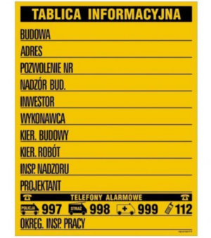 OA092 Budowlana tablica informacyjna - nowy wzór (w jednym kolorze)