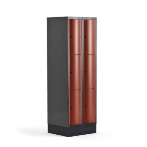 Metalowa szafa ubraniowa CURVE, na cokole, 2x3 drzwi, 1890x600x550 mm, czerwony