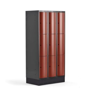 Metalowa szafa ubraniowa CURVE, na cokole, 3x3 drzwi, 1890x900x550 mm, czerwony