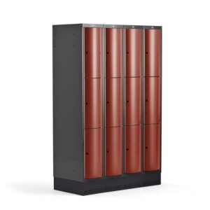 Metalowa szafa ubraniowa CURVE, na cokole, 4x3 drzwi, 1890x1200x550 mm, czerwony