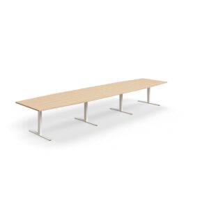 Stół konferencyjny QBUS, kształt łodzi, 4800x1200 mm, rama T, biały, dąb
