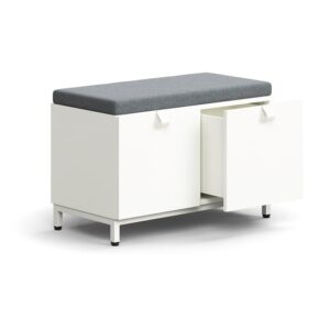 Siedzisko ze schowkami QBUS, nóżki, uchwyty, 534x800x420 mm, biały, szara poduszka