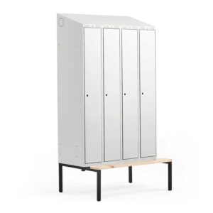 Szafa ubraniowa CLASSIC ze skośnym daszkiem, z ławeczką, 4 moduły, 2290x1200x550 mm, szary