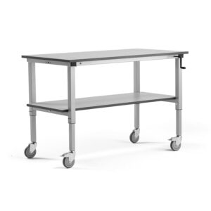 Mobilny stół roboczy MOTION z półką dolną, ręczny, 150 kg, 1500x800 mm, szary
