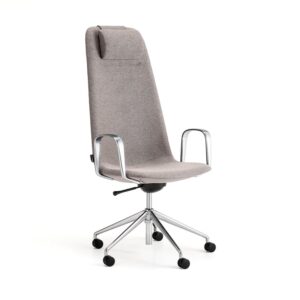 Krzesło LANGLEY, wysokie siedzisko, koła, podłokietniki, szczotkowane aluminium/taupe