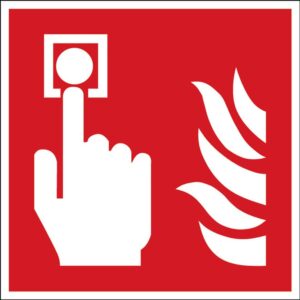 Oznaczenie: alarm przeciwpożarowy, samoprzylepny poliester, 100x100 mm