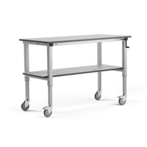Mobilny stół roboczy MOTION, z półką dolną, ręczny, 150 kg, 1500x600 mm, szary