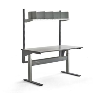 Stół roboczy z regulacją wysokości VERVE, 200 kg, 1600x800 mm, półka z przegrodami