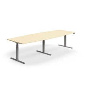 Stół konferencyjny z regulacją wysokości, kształt łodzi, 3200x1200 mm, srebrna rama, brzoza