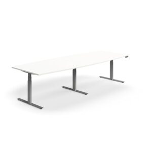Stół konferencyjny z regulacją wysokości, kształt łodzi, 3200x1200 mm, srebrna rama, biały