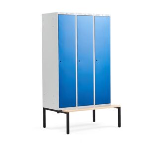 Szafa ubraniowa CLASSIC, z ławeczką, 3 moduły, 2120x1200x550 mm, niebieski