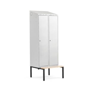 Szafa ubraniowa CLASSIC ze skośnym daszkiem, z ławeczką, 2 moduły, 2290x800x550 mm, szary