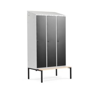 Szafa ubraniowa CLASSIC ze skośnym daszkiem, z ławeczką, 3 moduły, 2290x1200x550 mm, czarny