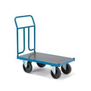 Wózek platformowy TRANSFER, 1 stalowa burta, 900x500 mm, koła z elastycznej gumy, z hamulcami