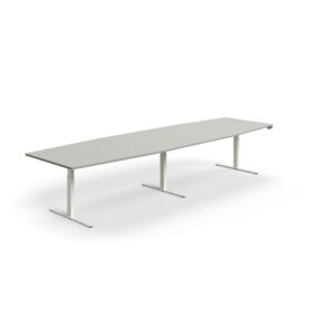 Stół konferencyjny z regulacją wysokości, kształt łodzi, 4000x1200 mm, biała rama, jasnoszary