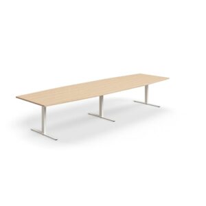 Stół konferencyjny QBUS, kształt łodzi, 4000x1200 mm, rama T, biały, dąb