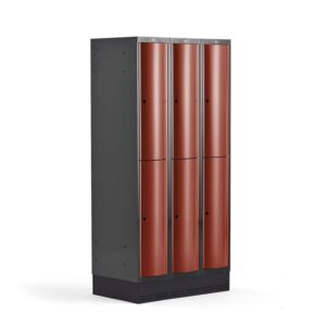 Metalowa szafa ubraniowa CURVE, na cokole, 3x2 drzwi, 1890x900x550 mm, czerwony