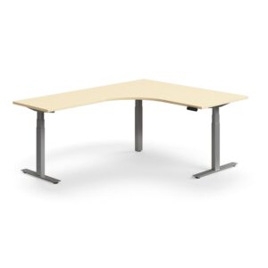 Biurko z regulacją wysokości QBUS, kształt L, 1600x2000 mm, srebrna rama, brzoza
