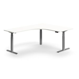 Biurko z regulacją wysokości QBUS, kształt L, 1600x2000 mm, srebrna rama, biały