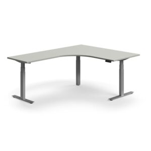 Biurko z regulacją wysokości QBUS, kształt L, 1600x2000 mm, srebrna rama, jasnoszary