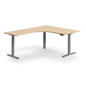 Biurko z regulacją wysokości QBUS, kształt L, 1600x2000 mm, srebrna rama, dąb