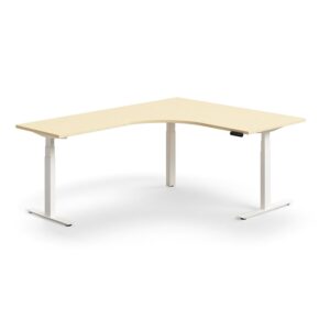 Biurko z regulacją wysokości QBUS, kształt L, 1600x2000 mm, biała rama, brzoza