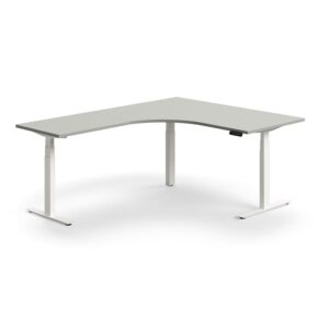 Biurko z regulacją wysokości QBUS, kształt L, 1600x2000 mm, biała rama, jasnoszary