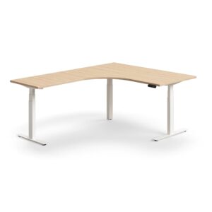 Biurko z regulacją wysokości QBUS, kształt L, 1600x2000 mm, biała rama, dąb