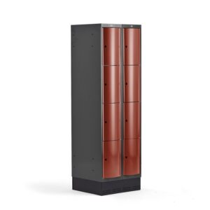 Metalowa szafa ubraniowa CURVE, na cokole, 2x4 drzwi, 1890x600x550 mm, czerwony