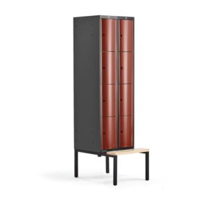 Metalowa szafa ubraniowa CURVE, z ławeczką, 2x4 drzwi, 2120x600x550 mm, czerwony