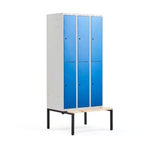 Szafa schowkowa CLASSIC, 2 schowki w pionie, z ławeczką, 3 moduły, 2120x900x550 mm, niebieski