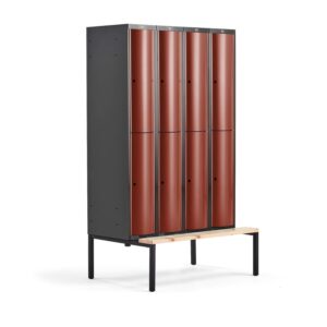 Metalowa szafa ubraniowa CURVE, z ławeczką, 4x2 drzwi, 2120x1200x550 mm, czerwony