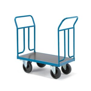 Wózek platformowy TRANSFER, 2 stalowe burty, 900x500 mm, koła z elastycznej gumy, z hamulcami