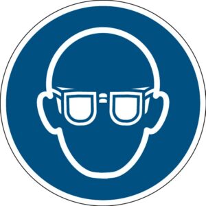 Oznaczenie: obowiązują okulary ochronne, samoprzylepny poliester, Ø 100 mm