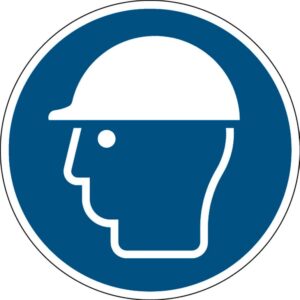 Oznaczenie: obowiązuje kask ochronny, samoprzylepny poliester, Ø 100 mm