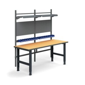 Kompletny stół TRUST, panele narzędziowe, pojemniki + półki, 2000x760 mm, płyta pilśniowa