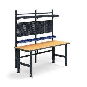 Kompletny stół TRUST, panele narzędziowe, pojemniki + półki, 2000x760 mm, płyta pilśniowa