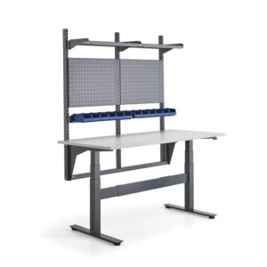 Stół warsztatowy BASE z regulacją wysokości, nośność 200 kg, 1600x760 mm, panel narzędziowy, pojemni