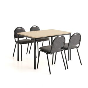 Zestaw mebli stołówkowych JAMIE + WARREN, 1 stół, 1200x800 mm, brzoza, 4 krzesła, czarne/szare