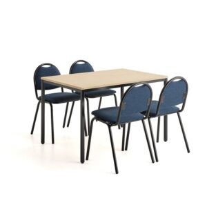 Zestaw mebli stołówkowych JAMIE + WARREN, 1 stół, 1200x800 mm, brzoza, 4 krzesła, czarne/niebieskie