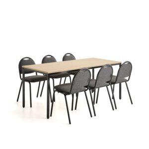 Zestaw mebli stołówkowych JAMIE + WARREN, 1 stół, 1800x800 mm, brzoza, 6 krzeseł, czarne/szare