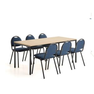 Zestaw mebli stołówkowych JAMIE + WARREN, 1 stół, 1800x800 mm, brzoza, 6 krzeseł, czarne/niebieskie