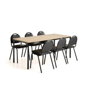 Zestaw mebli stołówkowych JAMIE + WARREN, 1 stół, 1800x800 mm, brzoza, 6 krzeseł, sztuczna skóra/cza