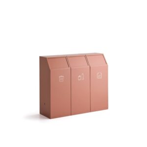 Stacja do segregacji odpadów MELROSE, 3 pojemniki, 69 l, koralowa, zaw. etykiety GUIDE, 8 szt., biał